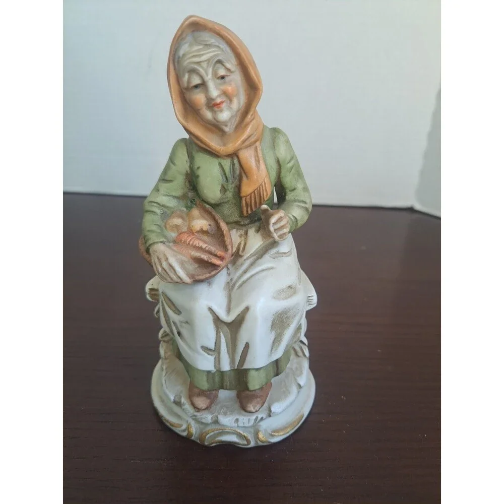 Vintage Bisque Porcelain Elderly Woman With Basket Of Vegetables